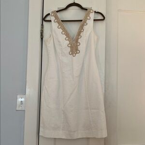 Elegant White Lilly Pulitzer Dress with Gold Neckline Trim!